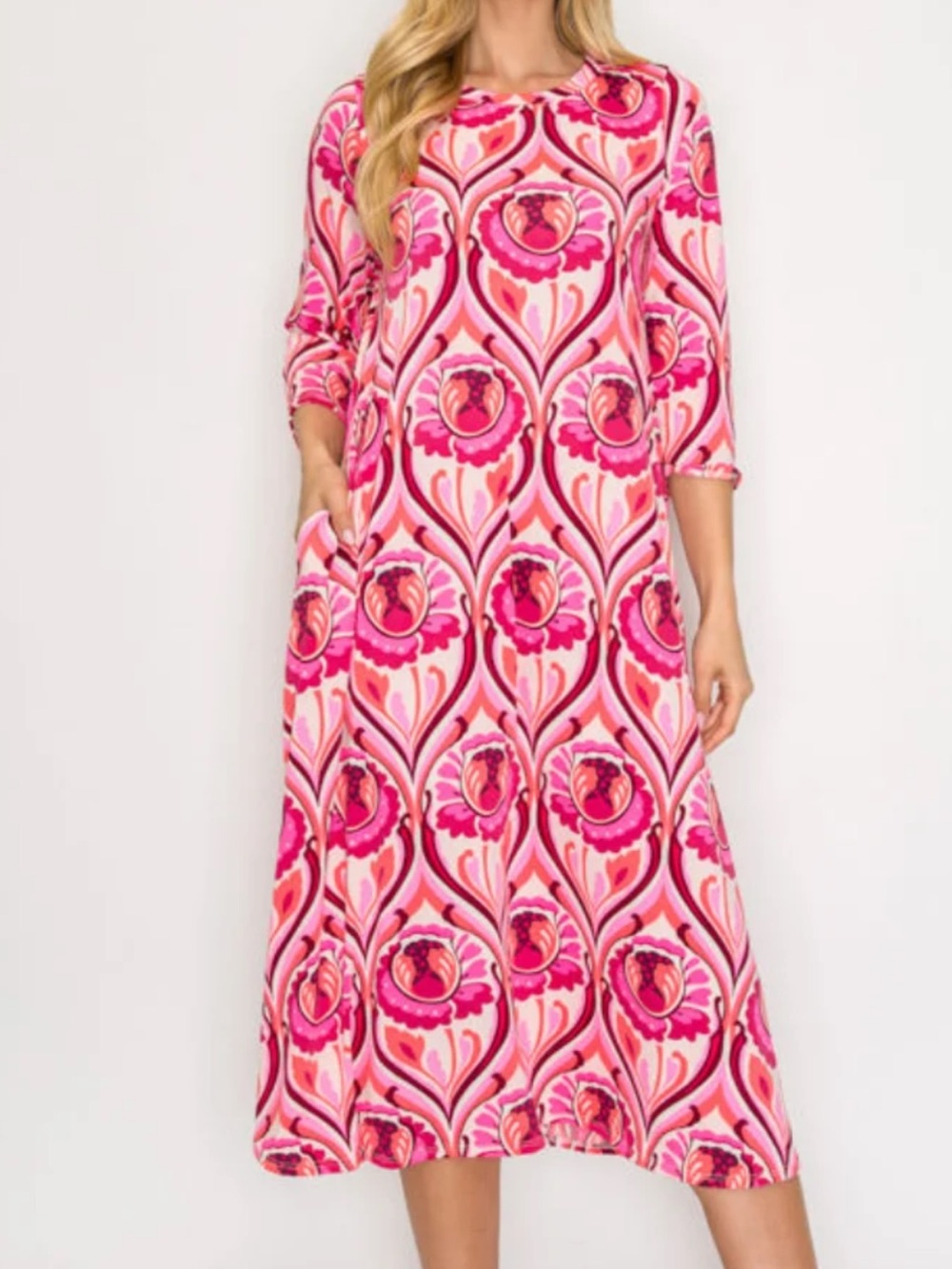 Pink Medallion Midi T-Shirt Dress Small - 3/4 Sleeve - Pockets - Boho Retro